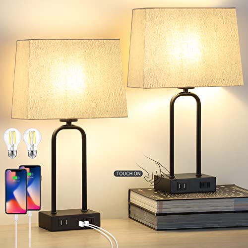 Lamps For Bedrooms Set Of 2, Modern Touch Lamp With Dual Usb Ports & Ac Outlet, 3-Way Dimmable Black Desk Lamp With Cream Fabric Shade For Living Room, Nightstand Lamps Bedroom (Bulb Included) #TOP18