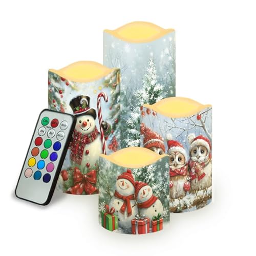 Image of Cute Snowman Owl Flickering Flameless Candles with Remote LED Pillar Candles Battery Operated with Timer Color Changing Electric Candles for Table Christmas Decorations