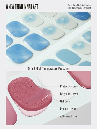 Nelikoo Semi Cured Gel Nail Strips, 30 pcs Gel Stikers, Wraps, Salon-Quality, Easy to Apply, 2 Weeks Long Lasting (Fly to The Sky)