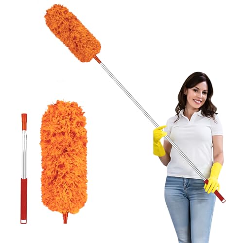 Fogray 2025 Upgraded Extendable Feather Duster with Soft Silicone Cap, Telescopic Long Handled Microfiber Dusters for Cleaning, Cobweb High Ceiling Fan Roof Blinds, Washable & Bendable(Orange)