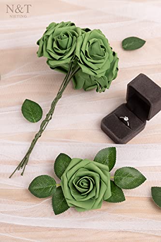N&T Nieting Roses Artificial Flowers, 25Pcs Artificial Flowers Foam Flowers With Stems For Diy Cake Decoration Wedding Party Home Decoration, Army Green #TOP2