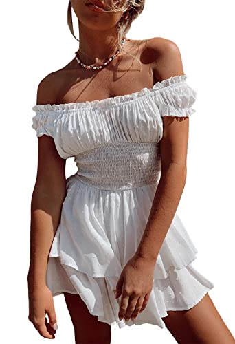 Pink Queen Damen Schulterfrei Boho Minikleid Strampler Trägerlos Jumpsuits Kurze Ärmel Schweizer Punkt Playsuits Weiß S