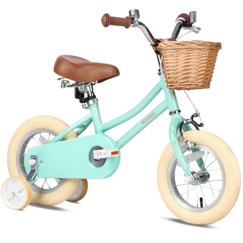 Petimini 12 Inch Kids Bike for Age 2 3 4 Years Old Little Girls Toddlers Retro Vintage Style Bicycles with Basket Training Wheels and Bell, Mint Green
