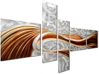 Pure Art キャラメルデザイア メタル壁装飾 - 大きなモダン抽象ウォールアート 吊り下げ彫刻 - ブラウンとゴールドの波のデザイン 5パネル69インチ x 40インチ