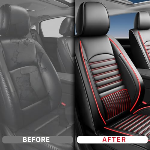 Image of Fit Canyon Car Seat Covers (Only Front 2 Seats) Compatible with GMC Canyon 2015-2025 2026-Full Coverage Breathable Leather, Airbag Compatible, Waterproof & All-Weather, Black+Red