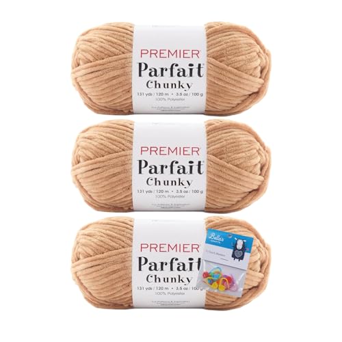 Image of Premier Yarns Parfait Chunky Chenille Crochet Knitting 3.5 Oz 6 Super Bulky Weight 3 Pack Bundle with Bella's Stitch Place Holders (Almond Butter)