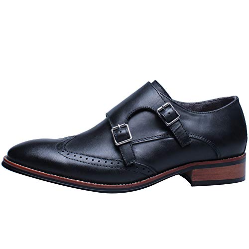 Image of Men's Smart Monk Brogues Genuine Leather Wooden Heel Formal Dress Shoes