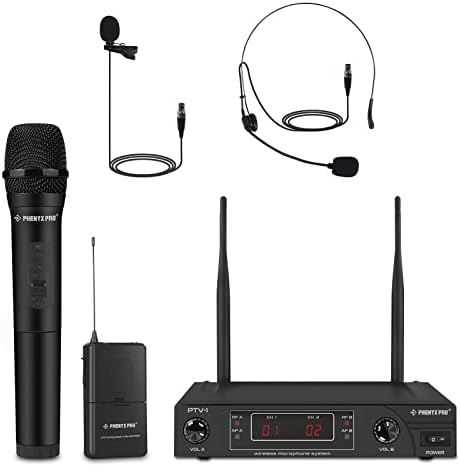 Phenyx Pro Wireless Microphone System, VHF Cordless Mic Set with 1 Handheld+1 Headset+1 Lapel+1 Bodypack, Stable Signal, Long Range, Best for Presentation, Interview, Church, Wedding,Events (PTV-1B)