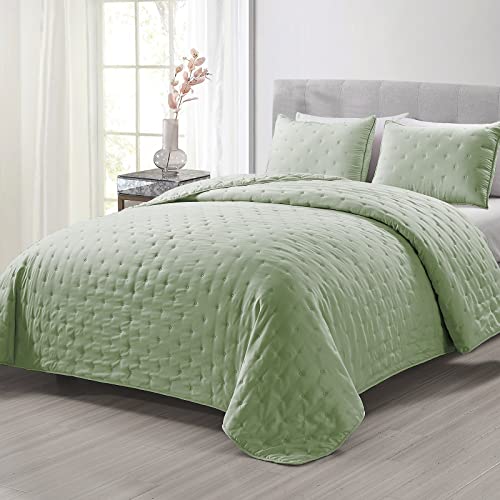 Mocaletto Reversible Quilts Set King Size, 3 Piece Sage Green Quilt With Pillow Shams, Point Pattern Microfiber Bedspread, Lightweight Soft All Season Coverlet For Bedroom,Hotel &Gift #TOP2