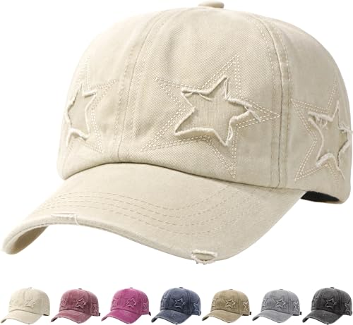 LXOrdora Retro Baseball Cap Star Embroidery Washed Cotton Hats Beige