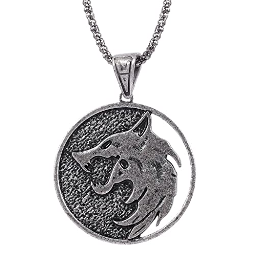LCB Wolf Medallion Pendant Necklace, Wolf Head Witcher Pendant Necklace Chain, Women Men Punk Jewelry Pendant Wolf Metal Chain Game Cosplay Wolf Jewelry Valentine's Day (Color : B)