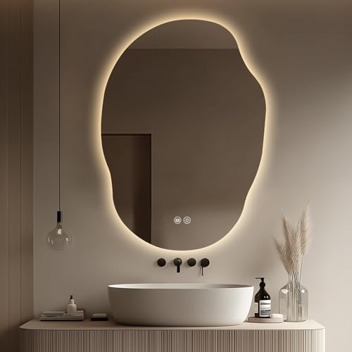 Yoding Espejo de baño LED con luces de 25 x 35 pulgadas, espejo LED irregular regulable continuo con 3 colores, antivaho, memoria, pantalla de lámpara de aleación de Al, espejo inteligente sin marco