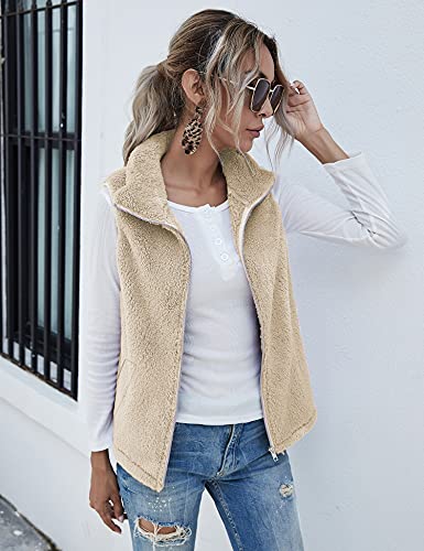Raphin Damen Mantel Herbst Casual Leicht Ärmellos Weste Damen Lang Einfarbig Elegant Mode Kunstfell Weste Mit Taschen(Khaki,M)