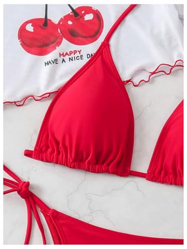 MakeMeChic Women's Bikini Sets Triangle Halter Tie Back Swimsuit with Cherry Printed Coverup Tops3