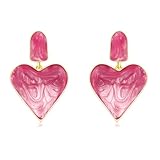 Handmade Heart Dangle Drop Earrings for Women Girls Colorful S925 Sterling Silver Post Love Geometric Aesthetic Statement Earrings for Women Gift for Her (Hot pink)