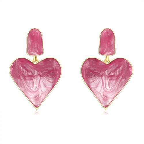 Handmade Heart Dangle Drop Earrings for Women Girls Colorful S925 Sterling Silver Post Love Geometric Aesthetic Statement Earrings for Women Gift for Her (Hot pink)