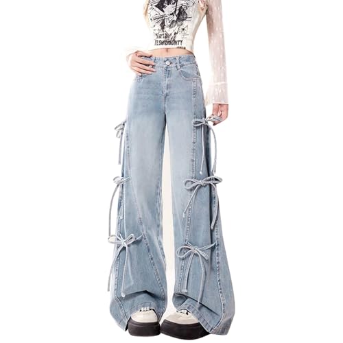 Pantalon en jean à jambe large pour femme avec nœud élégant coupe longue et ample fluide
