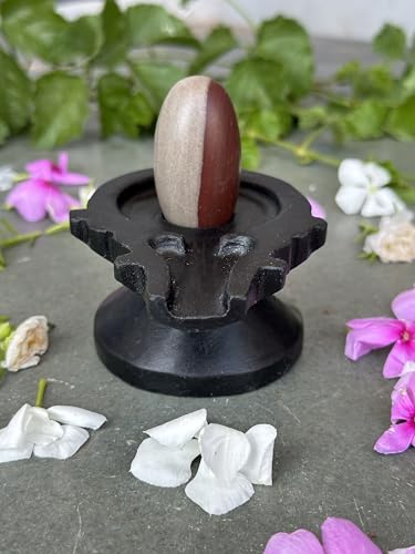 Image of Shivam VASTU AKAL 1.5 inch Original Narmadeshwar Narmada Shivling with 3 inch Narmada Stone Yoni Base Jaladhari (Ardhanarishwar Shivling, Black Designer Damru Jaladhari)