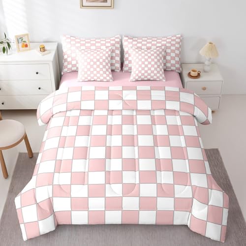 Image of Erosebridal White Pink Plaid King Comforter Set with Sheets 7 Piece Light Pink Checkerboard Bedding Set for Kids Girls Teen,Checkered Grid Bed in A Bag Modern Aesthetic Geometric Bed Set