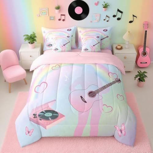 Girls Music Bed in a Bag Twin Size Singer Guitar Bedding Set for Women Sister Friends Pink Rainbow Comforter Set 7 Pieces Room Decor Bed Set with Comforter, Sheets, Pillowcases & Cushion Cover