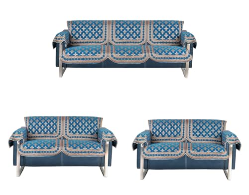 Image of Premium Chenille Woven Anti-Slip 7 Seater Sofa Cover with Arm Rest | L-Shape Sofa Seat Protector for Living Room | Durable & Stylish Slipcover - Turquoise - Floral
