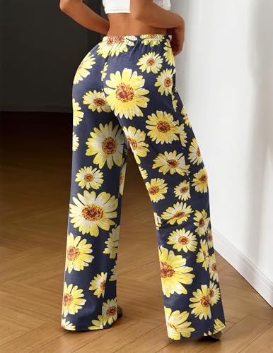 Image of Ekouaer Women Pajama Pants Comfy Pj Bottom with Pockets Stretch Plaid Sleepwear Sunflower Print X-Large