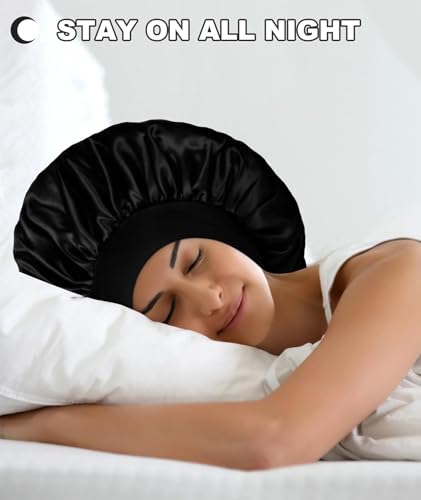 Image of NHCDFA Silk Hair Cap for Sleeping, Silk Bonnet for Hair, High Resilience Satin Hair Cap for Sleeping for Women Girls Black Bonnet Fit for Most Head Sizes