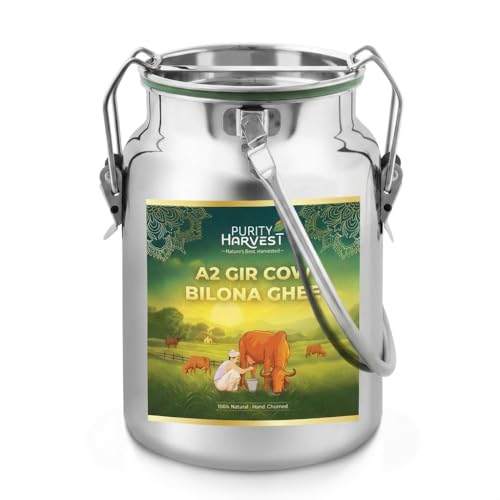 Purity Harvest Premium A2 Gir Cow Ghee 5 litre| Authentic Vedic Bilona Cultured Desi Ghee 5 kg | 100% Grass-Fed Gir Cow Milk | Traditional Hand-Churned Desi Ghee | Pure Desi cow ghee, Natural, Non-GMO & Lab Certified| Lactose & Gluten Free | Stainless Steel Dolchi