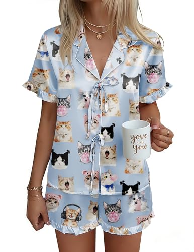 Ekouaer Damen Satin Schlafanzug Schleife Vorne zum Binden Katze Blau XXL