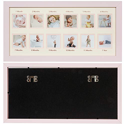Wood Side Orbis First Year Newborn Baby Collage Keepsake Picture Frame For Photo Memories With Double Beige Mat And Twelve 2X2 Slots - Pink #TOP1