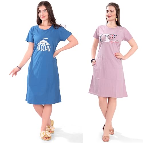 Image of Printed Knee Length Pocket Night Dresses for Women | Cat Lover | Premium Soft Cotton Nighty | Blue and Maroon