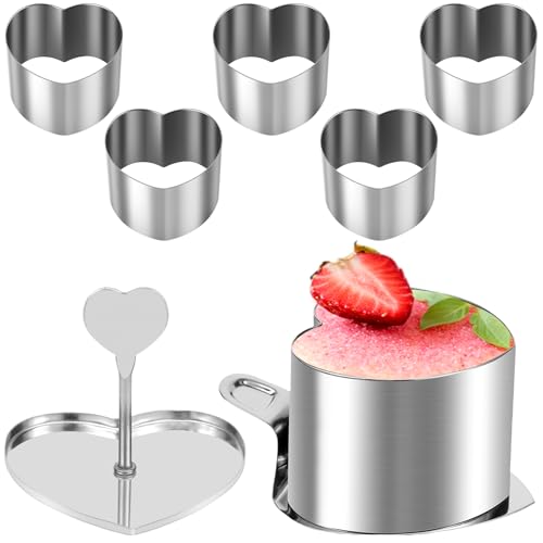 Guniata Lot de 6 anneaux à dessert et anneaux de nourriture, en acier inoxydable, avec poussoir et cric, hauteur : 5,5 cm, pour mousse, gâteau, desserts et pâtisseries (forme de cœur, 6 pièces)