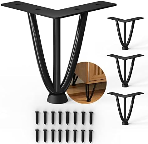 Finway 4" Heavy Metal Duty Hairpin Furniture Legs,0.4" Solid Rods with Rubber Floor Protectors,Home DIY Projects for Table Legs, Desk Legs, Furniture Legs, Coffee Table Legs etc（Black, 4PCS）