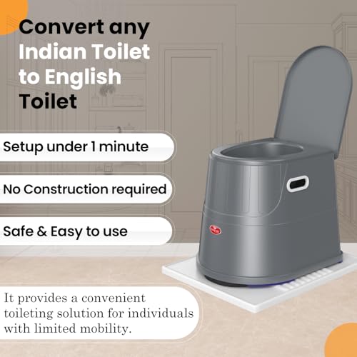 Image of EASYCARE Heavy Duty Portable Indian to Western Toilet Converter | Commode Stool for Patients, Adults, Elderly, Kids, Handicap | Portable Toilet Seat | Toilet Chair I Capacity Upto 110 Kgs (Grey)