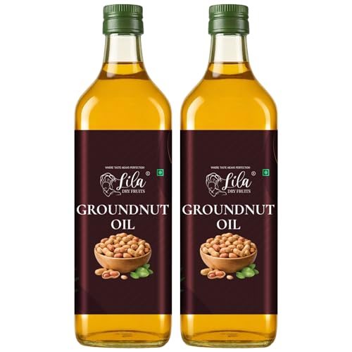 Image of LILA DRY FRUITS Groundnut Oil 1 L (500 ML x 2) Cold Pressed Peanut Oil for Cooking Natural Moongfali ka Tel for Frying, Tadka & Daily Kitchen Use, Kacchi Ghani Cholesterol Free Ground Nut Oil Chemical-Free
