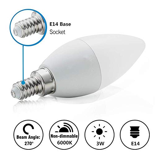 Ctkcom 3W Led Candelabra Bulbs ,40W Light Bulbs Equivalent,E14 Base ,White 6000K,420Lm Candle Light Bulbs For Chandelier,Ceiling Fan Lights,Decorative Candle Light Bulb,Ac85-265V(4-Pack) #TOP7