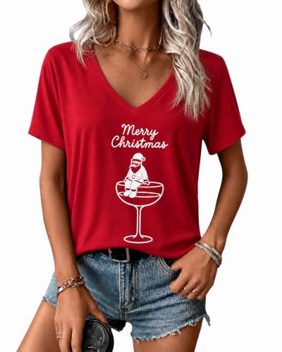 essential cocoon Women's Christmas Wine Santa Graphic V Neck T Shirt,L
