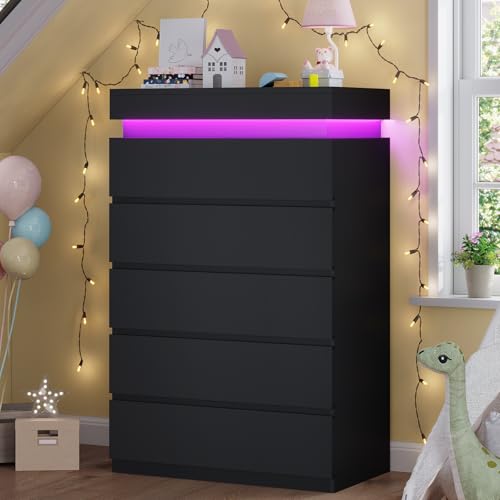 HAUOMS Tall 5 Drawer Dresser with LED Light, Black Modern Chest of Drawers for Bedroom,Closet...