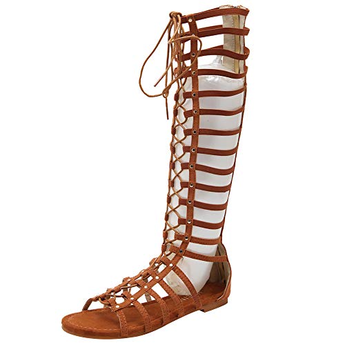 Jamron Femmes Genou Haut Gladiateur Bottes Sandales Plat Lacer Fermeture Éclair Romain Lanière...