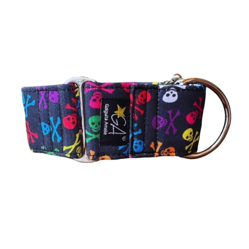 Galguita Amelie Hundehalsband, 4 cm breit, Größe M (30-39 cm), für Martingale-Hunde, Totenkopf