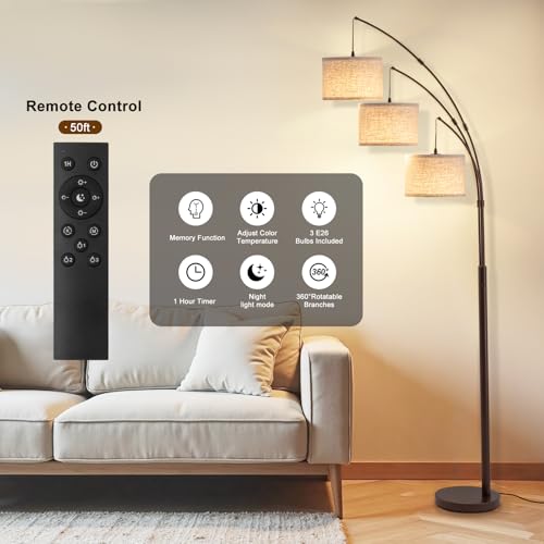 Image of 3 Light Arc Floor Lamps for Living Room, 2400LM Super Bright Floor Lamp with Remote Control, 80 inch Tall Floor Lamps with Stepless Dimmable, Mid Century Tree Floor Lamp for Bedroom, Office