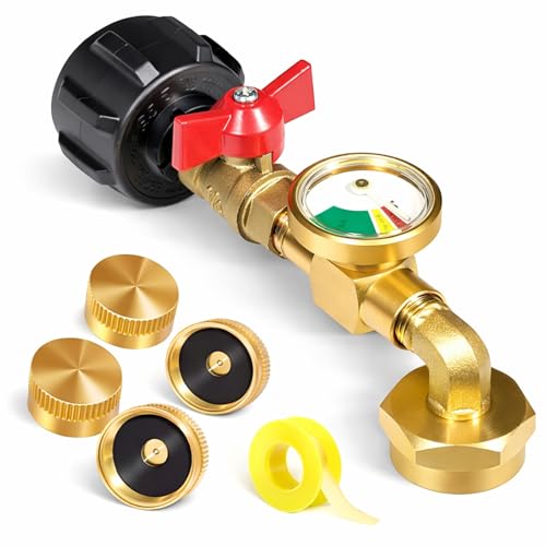 Detoypapa Propane Refill Adapter for 1lb. Tanks, Propane Refill Adapter for Refillable Propane Cylinder 1 lb, Propane Adapter 20lb to 1lb Converter, 90 Degree Elbow Design, with 4 Brass Caps