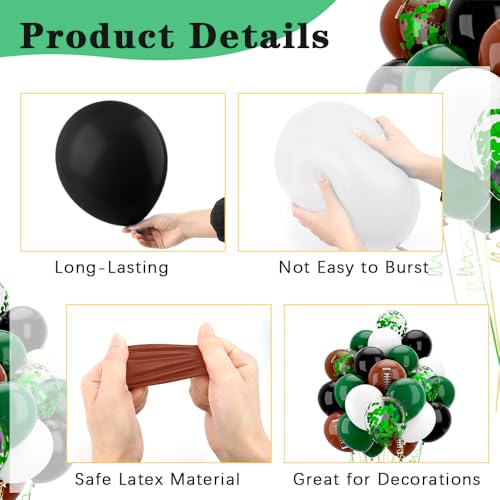 Image of Football Balloons, 60pcs 12 Inch Football Birthday Party Balloons, Dark Green Brown Black Latex Balloons and Geen Confetti Balloons for Touch Down Sports Theme Party Decoration
