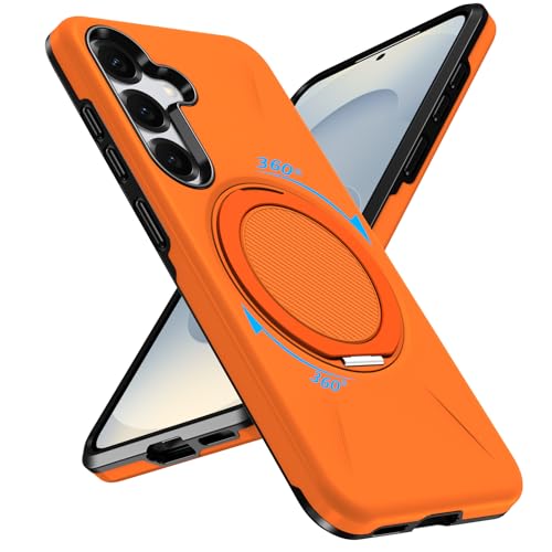 �Ή� Galaxy S25 FE�p �P�[�X Magsafe�Ή� ���C�����X�[�d 360°��]�X�^���h �c�����Ή� �����O �}�O�l�b�g���� �ϏՌ� �ԍڃz���_�[�Ή� �J�����ی� TPU+PC�ގ� �w��h�~ ��� �I�����W 127-S25FE-05