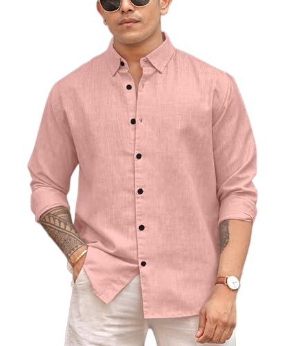 Image of Men's Solid Linen Blend Cotton Shirt | Full Sleeve Plain Shirt for Men | Regular Fit Casual & Formal Wear