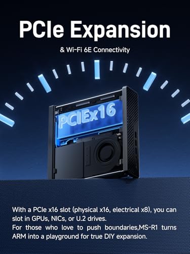 Image of MINISFORUM MS-R1 ARM Mini Workstation with UEFI Boot CIX CP8180 (12C /12T, up to 2.6GHz), 45 TOPS, 64GB ECC LPDDR5 1TB SSD Mini PC, PCIe x16 Slot, 2x 10GbE LAN, HDMI /2xUSB-C Triple Display, VM & Docker