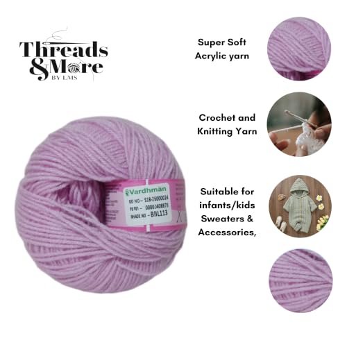Image of Vardhman Baby Soft Yarn Pack of 6 - 4-Ply Acrylic Wool 150g Total | Soft Yarn for Knitting & Crocheting Baby Blankets, Sweaters, Toys & Accessories | 86m per 25g Ball (1, Lavender Pink)