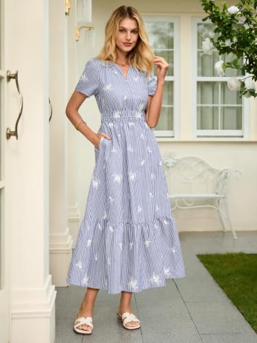 Simplee Womens Striped Maxi Summer Dress - Casual Embroidery V Neck Boho Dress Wedding Guest Dresses with Pockets (Blue M) — view 3