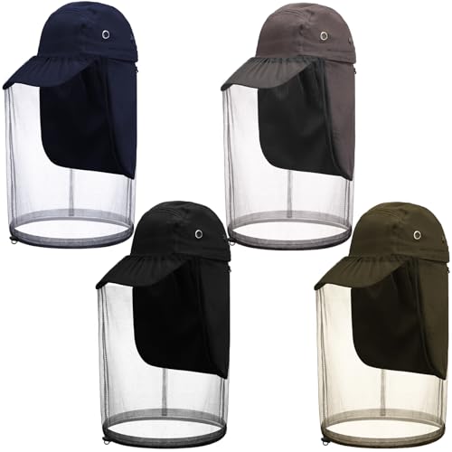 Bunnycool 4 Pcs Mosquito Net Hat Operator Cap with Mosquito Net Safari Mesh Hat Sun Proaction Baseball Cap with Ultra Large Long Extra Fine Holes for Men Women Camping Hiking Fishing Gardening Outdoor