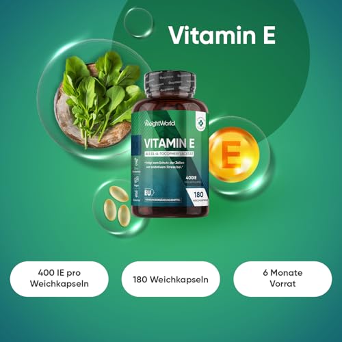 Vitamin E Weichkapseln 400IE - 180 vegane Softgels - Vit E Öl DL Alpha Tocopherylacetat - 6 Monate Vorrat - Vitamin E trägt zum Schutz der Zellen vor oxidativem Stress bei (EFSA) - WeightWorld